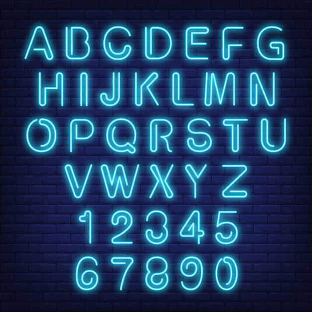 Blue Neon English Alphabet and Numbers Vector Free