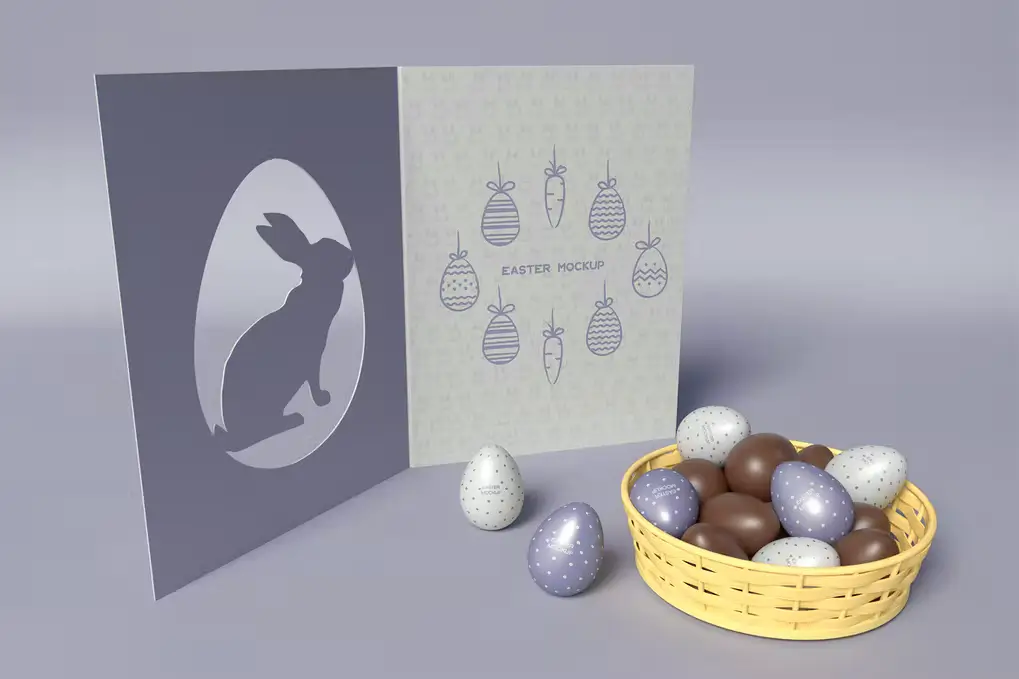 Easter Eggs In Basket With Card PSD Mockup