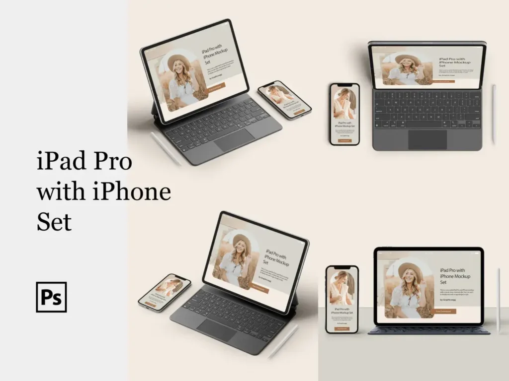 Free iPad Pro Mockup with keyboard & iPhone