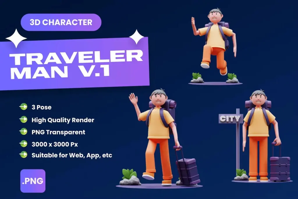 Traveler Man 3D Characters Illustrations